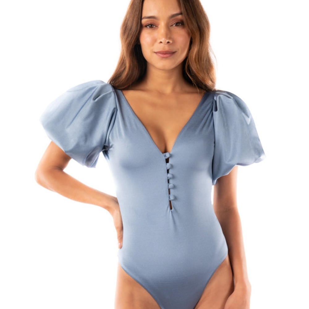 Elegant Blue Puff Sleeve Bodysuit/Swimsuit